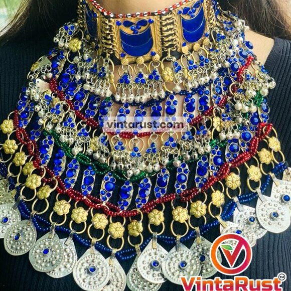 Multilayered Necklace, Gypsy Silver Kuchi Big Afghan Bib Necklace - Picture 2 of 9